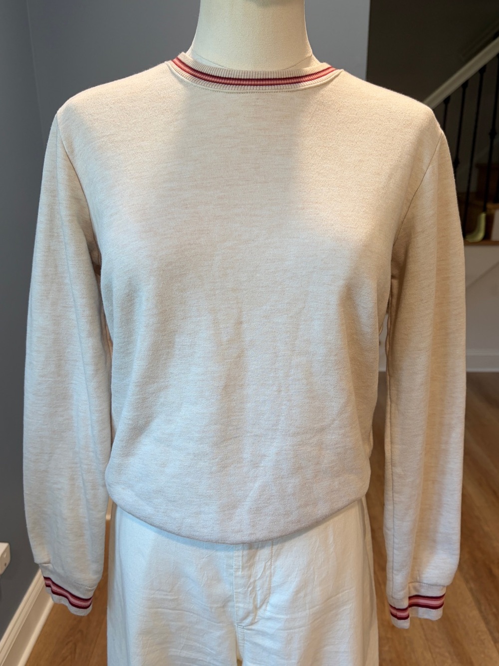 Marine Layer Sherpa Lined Crewneck Sweatshirt Cream Varsity Stripe XS